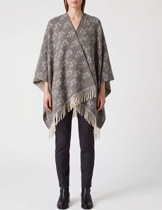 Twinset Viscose Blend Cape with Jacquard Logo and Fringed Hem