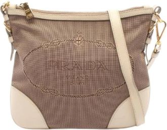 Prada Pre-owned Logo Jacquard Canvas Leather Shoulder Bag - Dames - Vintage Schoudertas - Beige - ONE Size - Leer - Vintage