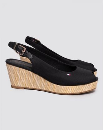Tommy Hilfiger Womens Iconic Elba Sling Back Wedge - Black Leather - Size UK 6.5