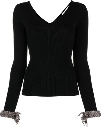 Giuseppe Di Morabito Gebreide top met gevlochten manchetten en ribbels - Dames - V-hals truien - Zwart - S - Wol - Truien & Vesten