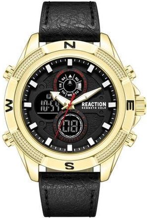 Kenneth Cole Reaction Analog & Digital Faux Leather Strap Watch, 48.2mm in Black/Gold at Nordstrom Rack