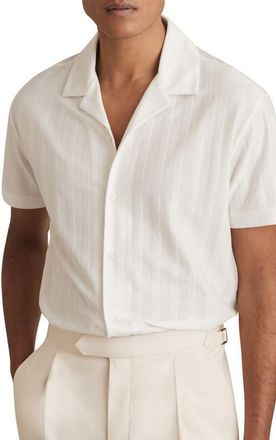 Reiss Sampson Textured Stripe Camp Shirt in White at Nordstrom, Size Xx-Large