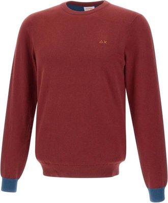 Sun 68 Trui met elleboogstukken en geribbelde manchetten - Heren - Ronde hals truien - Rood - XL - Katoen - Truien & Vesten