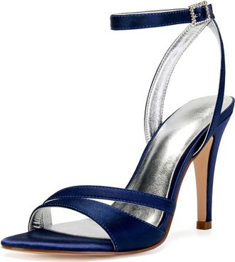 Generic Womens Wedding Bridal Heels Satin Stilettos Heeled Sandals Shoes for Party Evening 10.5Cm,Dark Blue,7 UK