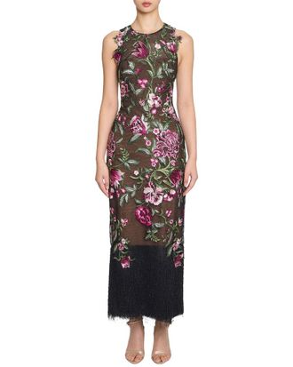 Marchesa Embroidered Fringe Midi Dress