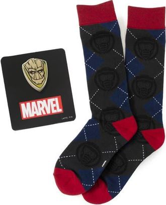 Cufflinks Inc. Groot Star-Lord Argyle Crew Socks & Lapel Pin Gift Set in Blue Multi at Nordstrom, Size 10-13