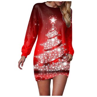 Generic Women Casual Christmas Dresses Snowflake Print Round Neck Long Sleeve Evening Elegant Cocktail Dress Xmas Costume Swing Skater Mini Novelty Outfits Dr