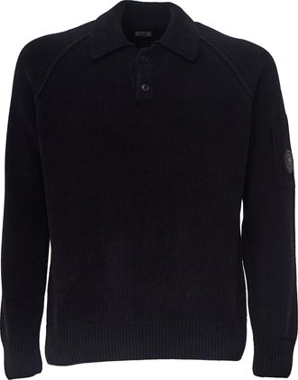 C.P. Company Chenille Cotton Polo Sweater With Ribbed Details And Lens Pocket