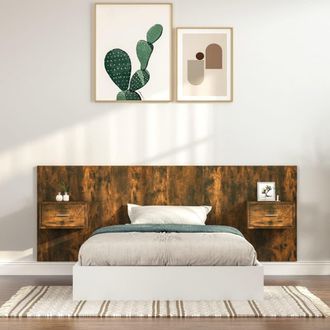 vidaXL Cabecero De Cama Con Mesitas Madera Contrachapada Roble Ahumado Vidaxl