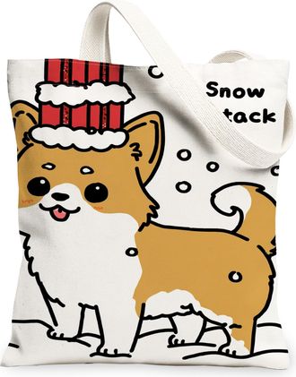 Generic Cute Dog Canvas Tote Bags, Adorable Animal Design Reusable Grocery Bags, Winter Holiday Lightweight Washable Shoulder Strap, White, 13x15 Inch