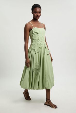 Karen Millen Womens Cotton Linen 3D Floral Bubble Hem Midi Dress - Green - Size 14 UK