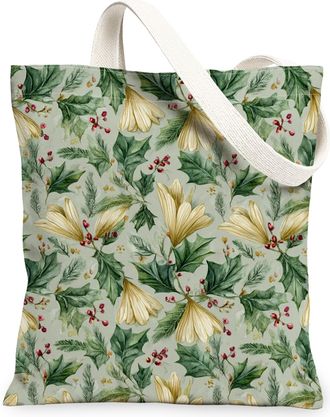 Generic Floral Canvas Tote Bags, Elegant Flower Pattern Reusable Grocery Bags, Vintage Lightweight Washable Shoulder Strap Canvas F, Green, 13x15 Inch