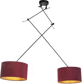 QAZQA Cl&aacute;sico/antiguo L&aacute;mpara Colgante Negra Con Pantallas De Terciopelo Rojo Y Dorado 35 Cm 2-luces - Blitz Textil /acero Cil&iacute;ndra /alargada /redonda Adecu