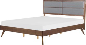 Beliani Cama De 180 X 200 Cm Con Somier Cabecero Alto Tapizado En Tela Madera De Fresno Oscuro Gris Poissy