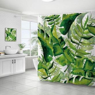 OEM Cortina Ducha Estampado Hojas Palmera Pl&aacute;tano Verde, Resistente Moho, Poli&eacute;ster, Ganchos Pl&aacute;stico, 180x180cm, Lavable, Impermeable Secado R&aacute;pido