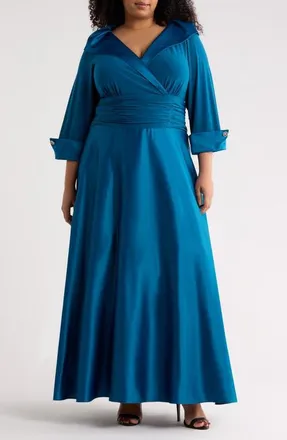 Jessica Howard Rhinestone Button Cuff Sleeve Mixed Media Gown in Peacock at Nordstrom, Size 16 W