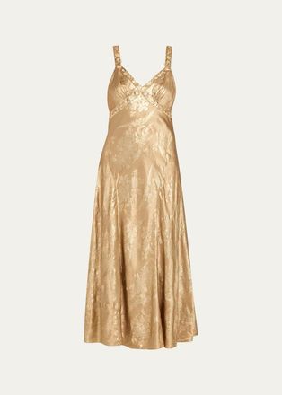 Cinq &agrave; Sept Thalie Gilded Peony Jacquard Embellished Sleeveless Midi Dress