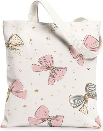Generic Elegant Vintage Bows Canvas Tote Bags, Stylish Bow Pattern Reusable Grocery Bags, Lightweight Washable Shoulder Strap, White, 13x15 Inch