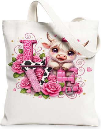 Generic Cute Animal Floral Canvas Tote Bags, Adorable Cow Design Reusable Grocery Bags, Lightweight Washable Shoulder Strap Canvas, White, 13x15 Inch