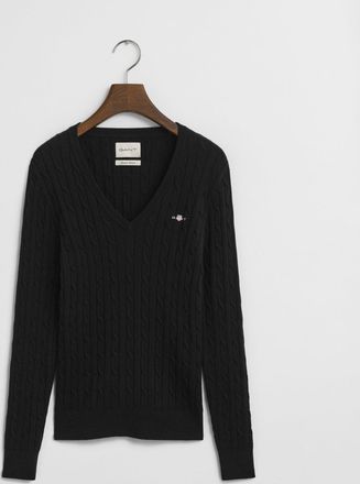 GANT Women Stretch Cotton Cable Knit V-Neck Sweater (XXL) BLACK