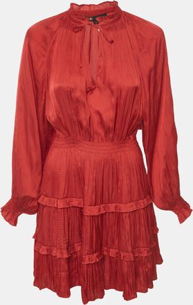Maje Red Fluid Pleated Satin Ruffle Mini Dress