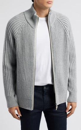 HUGO BOSS Erbo Virgin Wool & Cashmere Rib Zip Cardigan in Open Grey at Nordstrom Rack, Size Xx-Large