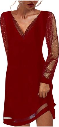 Generic Long Sleeve Womens Mesh Festive Dresses for Women, Glitter Dress, Womens Party Dress, Sexy V-Neck Mini Dress, A Line Evening Dress, Red Elegant New Ye