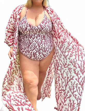 Alicia Swim Long Kimono Cover-Up - Plus In Deep Coral