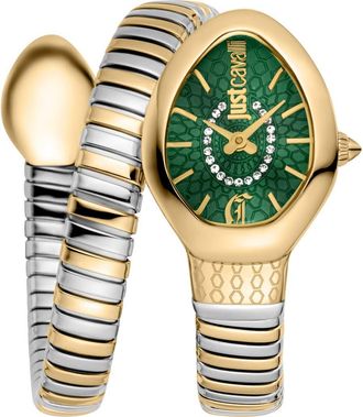 Just Cavalli Snake Wraparound Bracelet Watch, 22mm x 33.5mm in Two Tone Silver/Gold/Green at Nordstrom Rack