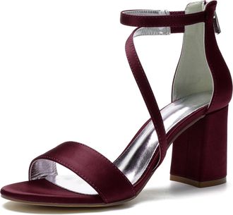Generic Bridal Shoes Womens Block Heel Wedding Heels Sandals Open Toe Wedding Shoes Satin Prom Party Dress Pumps 8Cm,Wine red,10 UK
