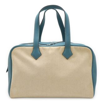 Herm&egrave;s Beige Blue Jean Toile H Taurillon Clemence Leather Boston Bag (Pre-Owned)