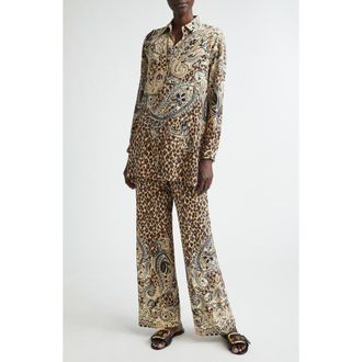 Etro Paisley & Leopard Print Silk Tunic Button-Up Shirt in Beige at Nordstrom, Size 44