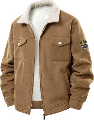 Generic Khaki Mens Corduroy Jackets Thermal Polar Fleece Lined Coats Winter Warm Full Zip Pilot Military Jacket with 4 Pockets Men Smart Casual Lapel Collar F
