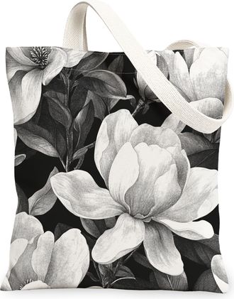 Generic Aesthetic Magnolia Flower Canvas Tote Bag for Shopping 13x15, Cool Floral Garden Reusable Grocery Print Bag for Women, Retro Wildflower Beach Aestheti