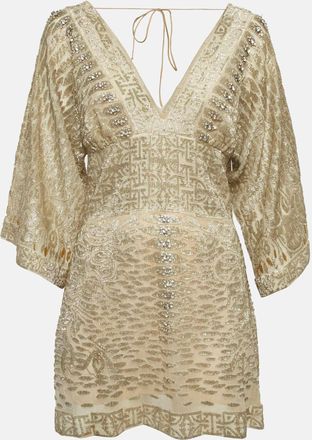 Roberto Cavalli Gold Embellished Silk Mini Dress