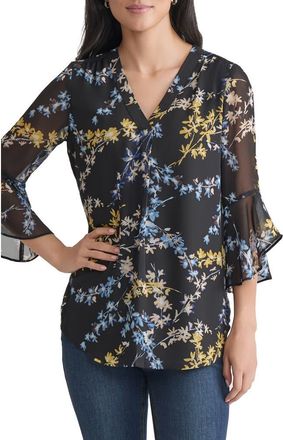 Jones New York Floral Flutter Sleeve Top in Jones Black Multi at Nordstrom, Size X-Small
