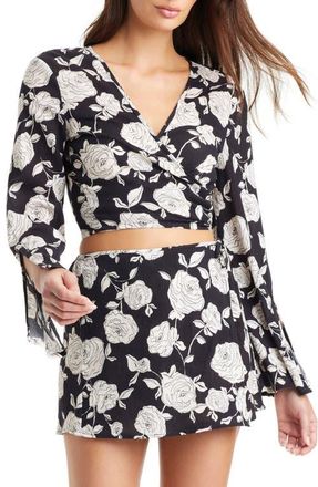 Sanctuary Crinkle Long Sleeve Cotton Wrap Crop Cover-Up Top in Black at Nordstrom, Size X-Small