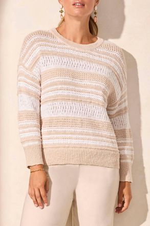 Tribal 3/4 Sleeve Scoop Neck Sweater In White Stripe