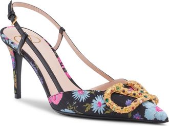 Valentino Garavani VLOGO Floral Silk Twill Slingback Pump in Nero Multi at Nordstrom, Size 5.5Us
