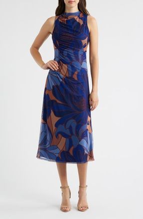 Vince Camuto Ruched Sleeveless Mesh Midi Dress in Blue Multi at Nordstrom, Size 12