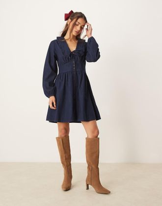 Nobody's Child Ottilie denim mini dress with collar detail in dark blue wash-Navy