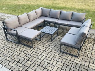 Fimous 10 Seater Patio Outdoor Garden Furniture Aluminium Lounge Corner Sofa Set with Square Coffee Table with Big Footstool Dark Grey