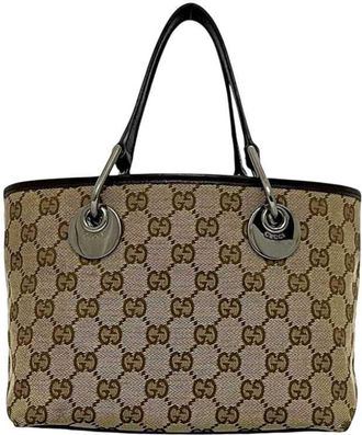Gucci Beige Brown Canvas Leather Handbag Tote Bag (Pre-Owned)