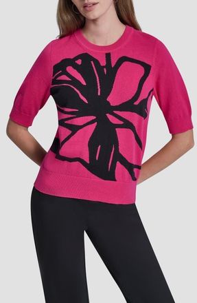 DKNY Graffiti Floral Jacquard Short Sleeve Sweater in Hot Pink/Black at Nordstrom, Size X-Small