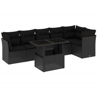 vidaXL Set De Sof&aacute;s De Jard&iacute;n 7 Pzas Con Cojines Rat&aacute;n Sint&eacute;tico Negro Vidaxl