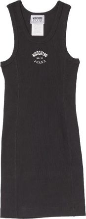 Moschino Zwarte Geribbelde Logo Mini Jurk - Dames - Korte kleedjes - Zwart - XL - Katoen - Kleedjes