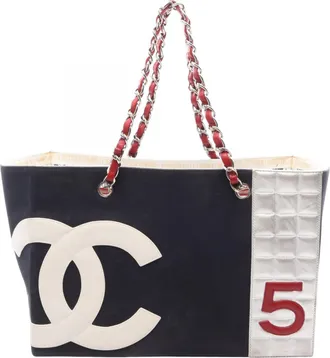 Chanel Navy Red Color Silver Canvas Leather Handbag Tote Bag (Pre-Owned)