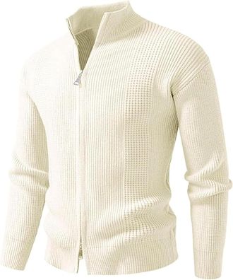 Generic Mens Stand Collar Cardigan Sweater Knit Sweaters Full Zip Jacket Long Sleeve Knitted Ribbed Sweatshirt, Beige, XL