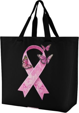Generic Breast C-ancer Ribbon with Butterfly Reusable Shopping Bags One Shoulder Grocery Tote Bag Waterproof Big Purse for Work Travel