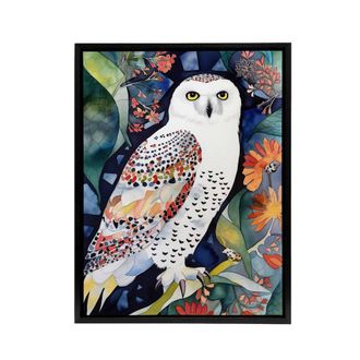 Artery8 Snowy Owl On Blooming Tree Folk Art Framed Canvas Wall Art Print | Size: W24 x H32